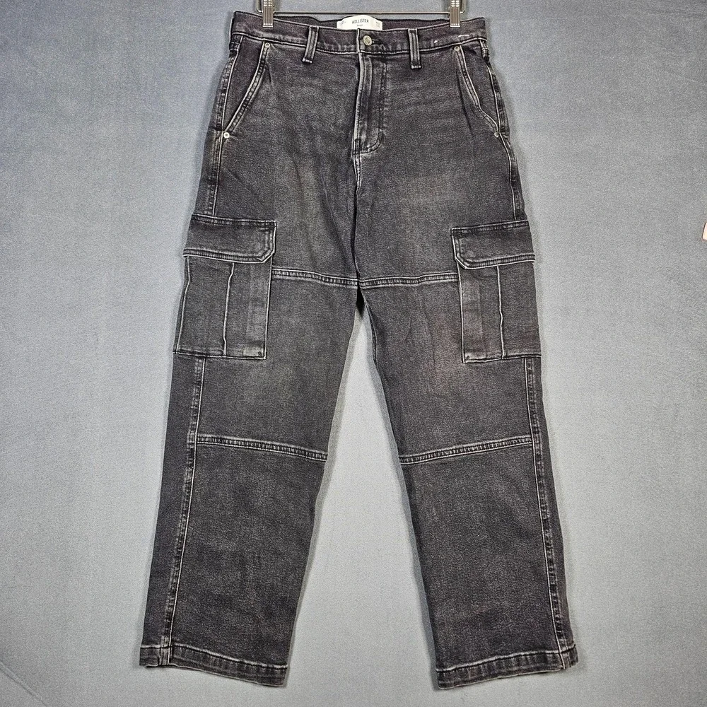 Hollister Baggy Jeans Mens 32x30 Washed Black Cargo Relaxed Straight Denim